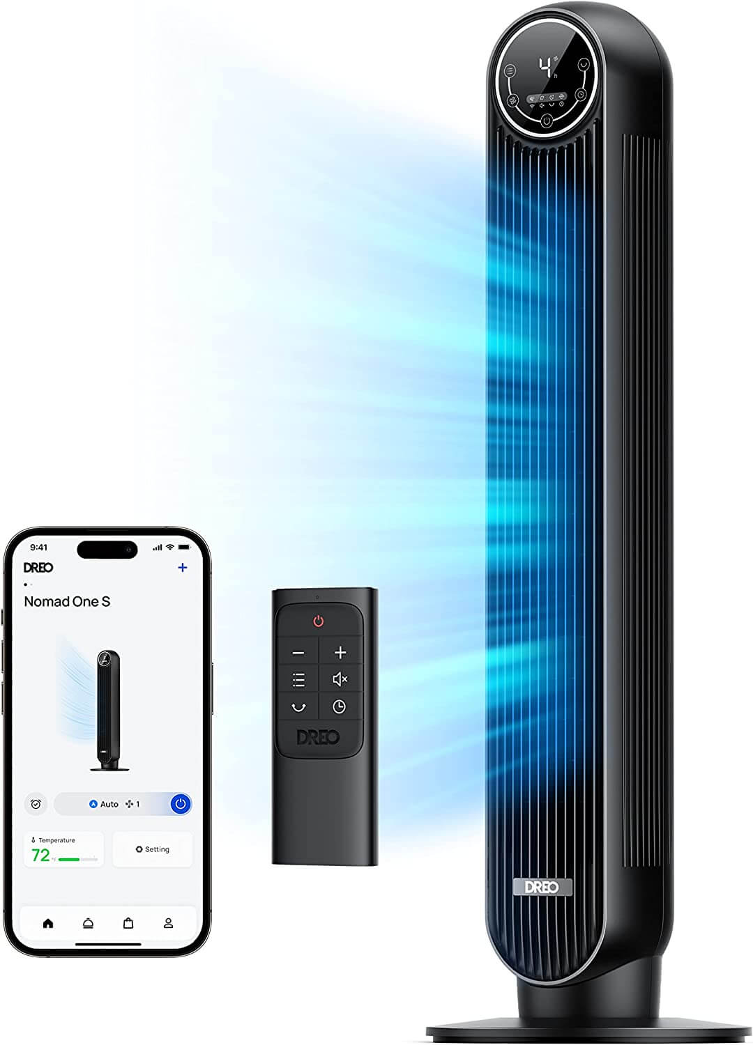 Dreo Nomad One S Smart Tower Fan, WiFi Alexa Fan, 90° Oscillerande fläkt med röststyrning, fjärrkontroll, 4 lägen, 4 hastigheter, 8 timmars timer, tyst för sovrum och kontor.